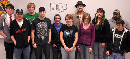 Sophomore students pose with nationally-recognized illustrator Jonathan Twingley