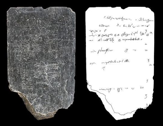 Jamestown tablet picture: Seventeenth-century slate is shown in a photograph and a digital enhancement emphasizing inscriptions.