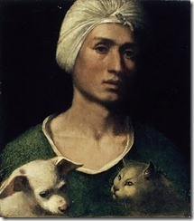 Dosso Dossi--1486-1541--Portrait of a young Man holding a Dog and a Cat