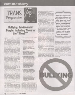 Thumbnail Link: LGBT Weekly Premiere Issue's Article By Autumn Sandeen - Bullying, Suicides, And Purple - Including Those In The Silent T'