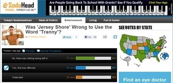 SodaHead Poll: Was 'Jersey Shore' Wrong to Use the Word 'Tranny'? (screenshot November 5, 2010, 12:30 PDT)