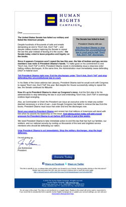 Thumbnail link to HRC's December 9, 2010 e-blast: 'Mr. President, now it's up to you'