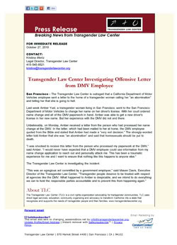 Thumbnail Link For TLC Press Release, Entitled 'Transgender Law Center Investigating Offensive Letter from DMV Employee'