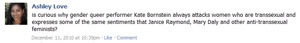 Thumbnail link of an Ashley Love Facebook entry from December 11, 2010: 'is curious why gender queer performer Kate Bornstein always attacks women who are transsexual and expresses some of the same sentiments that Janice Raymond, Mary Daly and other anti-transsexual feminists?'