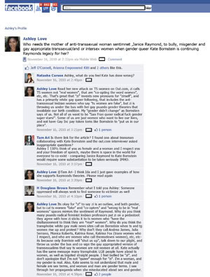 Thumbnail link of an Ashley Love Facebook entry from November 16, 2010: Ashley Love misgenders Kate Bornstein by putting quotation marks around gender neutral pronouns