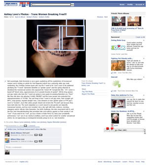 Thumbnail link of an Ashley Love in a Facebook entry from November 12, 2010 where she misgendered Kate Bornstein with quotation marks around pronouns