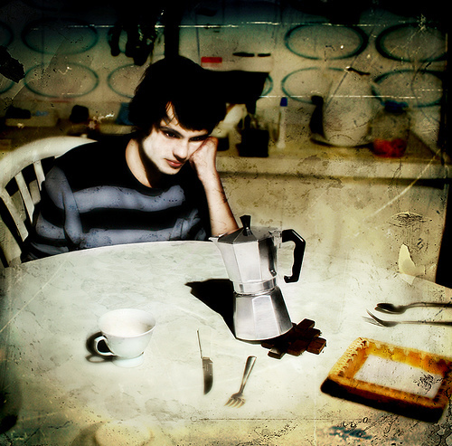 in the morning, while he waits for the coffee to be served