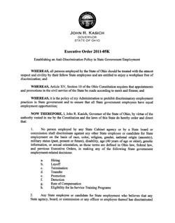Thumbnail Link: Governor John Kasich's State Employee Non-Discrimination Order 2011-05K Which Leaves Out Gender Identity And Expression