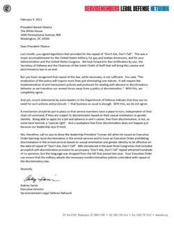 Thumbnail link: SLDN's policy letter on LGBT antidiscrimination in the military services to President Obama, dated February 9, 2011