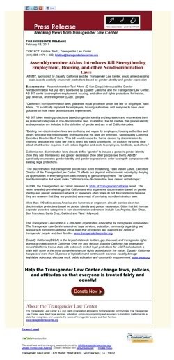 Thumbnail link to Transgender Law Center Press Release: Assemblymember Atkins Introduces Bill Strengthening Employment, Housing, and other Nondiscrimination Laws