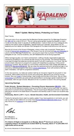 Thumbnail link to Maryland State Sen. Rich Madaleno's email blast: Week 7 Update: Making History, Protecting our Future