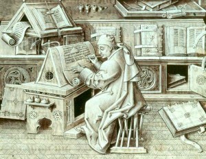 Burgundian author and scribe Jean Miélot, from his Miracles de Notre Dame, 15th century via Wikipedia