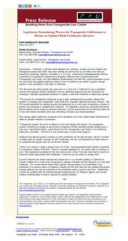 Thumbnail Link To Transgender Law Press Release Entitled 'Legislation Streamlining Process for Transgender Californians to Obtain an Updated Birth Certificates Advances'