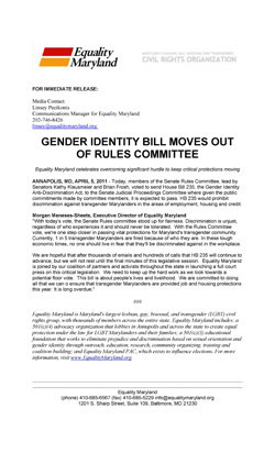 Thumbnail Link to EQMD Press release: Gender Identity Bill Moves Out Of Rules Committee