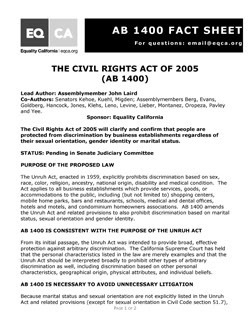 Thumbnail link: Equality California Factsheet For The Civil Rights Act Of 2005, AB 1400 (2005)