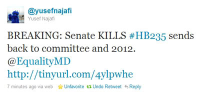 Yusef Najafi tweet: 'Senate KILLS #HB235 sends back to committee and 2012.'