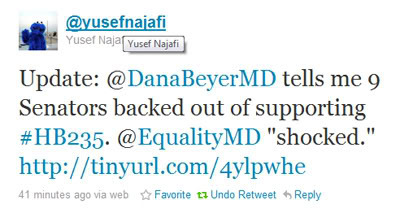 humbnail link to Yusef Najafi tweet: 'Update: @DanaBeyerMD tells me 9 Senators backed out of supporting #HB235. @EqualityMD 'shocked.''