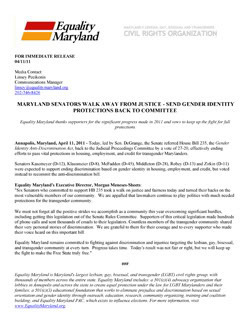 Thumbnail link to Equality Maryland Press Release: Maryland Senators Walk Away From Justice - Send Gender Identity Protections Back To Committee