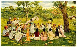 East Indian coolies on a Trinidad cacao estate...