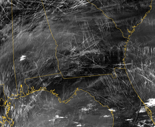 Satellite photo of contrails over the US.