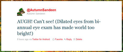 Thumbnail Link: Autumn Sandeen - Peter LaBarbera tweets from April 15, 2011: 'AUGH! Can't see! (Dilated eyes from bi-annual eye exam has made world too bright!)'