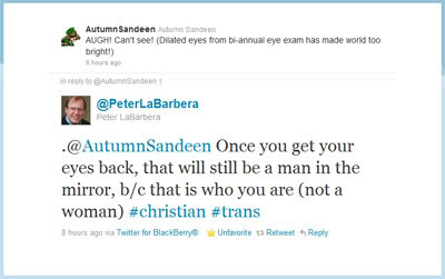 Thumbnail Link: Autumn Sandeen - Peter LaBarbera tweets from April 15, 2011: 'Once you get your eyes back, that will still be a man in the mirror, b/c that is who you are (not a woman) #christian #trans'