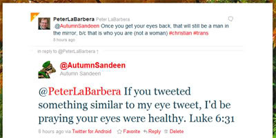 Thumbnail Link: Autumn Sandeen - Peter LaBarbera tweets from April 15, 2011: 'If you tweeted something similar to my eye tweet, I'd be praying your eyes were healthy. Luke 6:31'