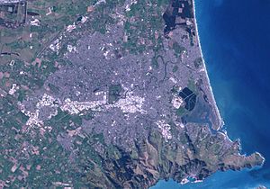 Satellite image showing Christchurch and surro...