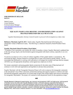 Thumbnail link to Equality Maryland press release: Bigotry And Discrimination Against Transgender Individuals Must End