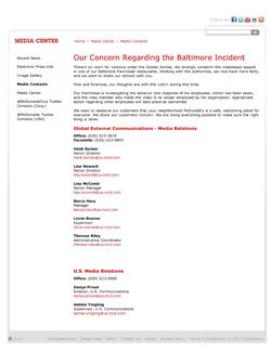 Thumbnail link to the McDonalds Press Release: Our Concern Regarding the Baltimore Incident