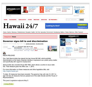 Press Release from Hawaii 24/7: Governor signs bill to end discrimination