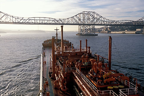 1-490-10 stock photo of California, San Francisco Bay, Tanker Gaz Master approaching Carquinez Bridge