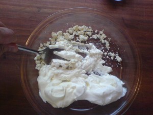 Simple Blue Cheese Salad Dressing - mashing the cheese in