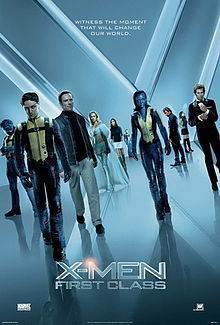 The X-Men and the Hellfire Club walk towards the viewer. From left to right, they are Beast, Professor X, Magneto, Emma Frost, Moira McTaggert, Havok, Mystique, Azazel Salvadore, Angel and Sebastian Shaw. The background and its reflection on the floor form an 