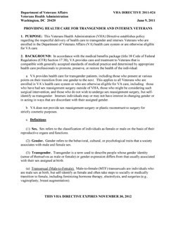 Thumbnail Link to Veterans Heathcare Administration (VHA) Directive 2011-024: Providing Health Care For Transgender And Intersex Veterans