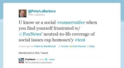 Thumbnail link to Peter LaBarbera 'Homosexy' tweet: 'U know ur a social #conservative when you find yourself frustrated w/ @FoxNews' neutral-to-lib coverage of social issues esp homosex'y #tcot'