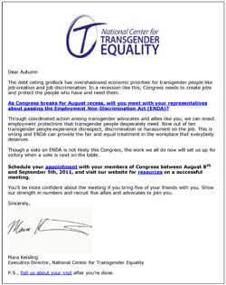 Thumbnail link to National Center for Transgender Equality (NCTE) email blast: 'Defaulting On Workplace Fairness'