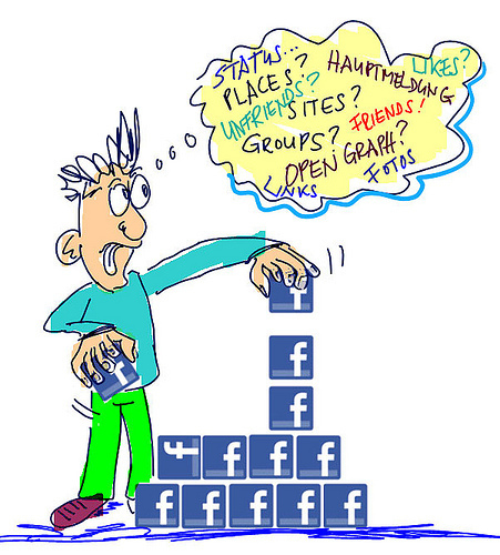Cartoon of a man playing with building blocks with the Facebook logo.