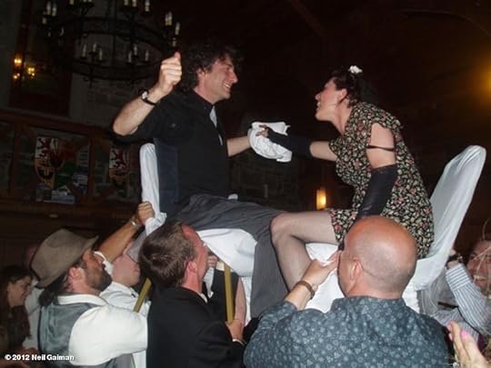 Neil Gaiman's photo Saturday Night. From the seven-months-after-the-wedding Wedding Party. You can't tell that the music is bagpipes and klezmer, but it is. (Photo by my cousin Elaine Wolf.)