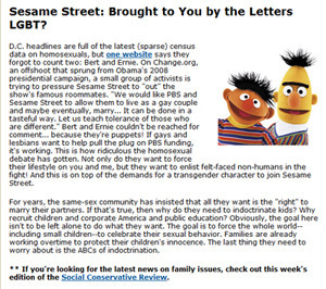Thumbnail Link to Family Research Council's (FRC's) 'Sesame Street: Brought to You by the Letters LGBT?'