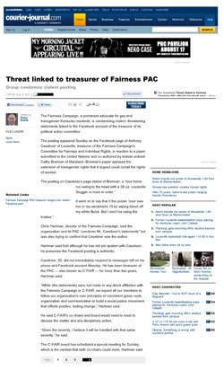 Thumbnail Link to the Louisville Courier-Journal's 'Threat Linked To Treasurer Of Fairness PAC'