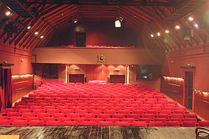 A view from a stage showing the control booths...