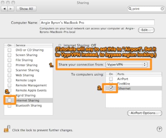 Apple's internet sharing screen showing VPN connection shared to Ethernet.