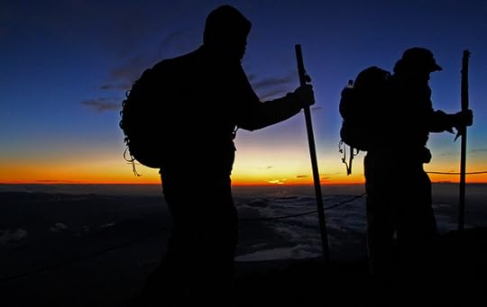 Hikers on Mount Fuji in Japan.