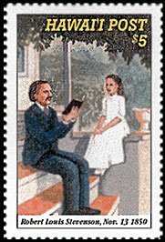 RL Stevenson and Kaiulani on a postage stamp