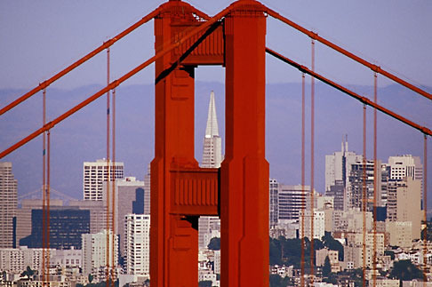 2-452-28 stock photo of California, San Francisco, Golden Gate Bridge tower and Transamerica Building