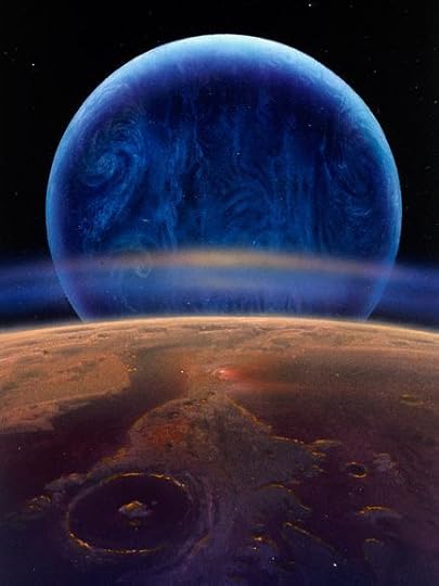 The planet Neptune, as seen from above its largest moon, Triton. Illustration by Paul Hudson, National Geographic.