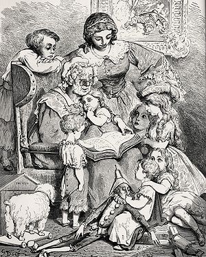 A picture by Gustave Doré of Mother Goose read...
