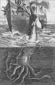 The Alecton attempts to capture a giant squid off Tenerife in 1861. Illustration from Harper Lee's 'Sea Monsters Unmasked', London, 1884.