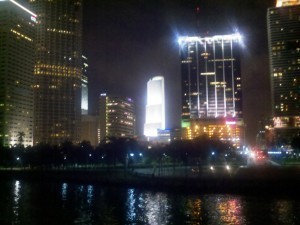 The Night Skyline of Miami from the deck of a boat on Biscayne Bay -- Photo by Tom Tripp